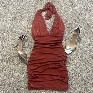 Windsor Rust Halter Ruched Mini Dress